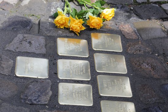 Stolpersteine auf dem Boden, gelbe Blumen.
