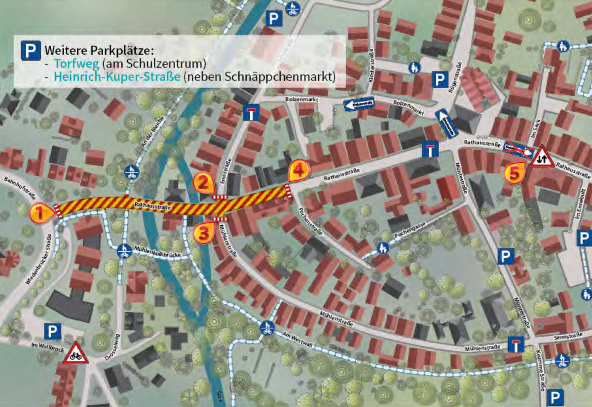 Dieser Straßenplan verdeutlicht die Straßensperrungen auf der Rathausstraße ab dem 10. März 2025.