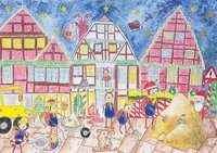 Ein buntes selbst gemaltes Bild zeigt Rieti-Käfer auf einer Baustelle vor einer Fachwerkkulisse.