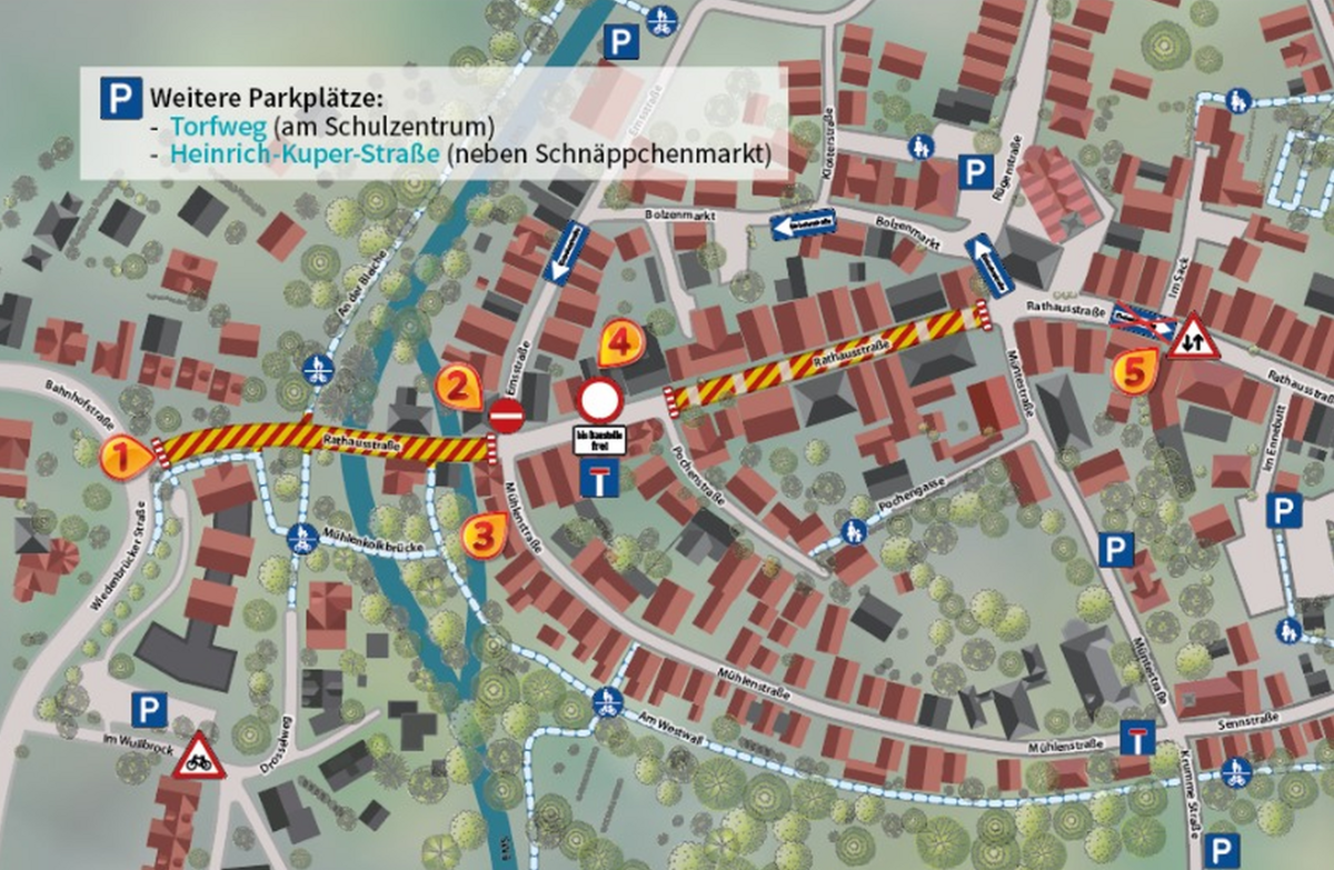 Dieser Straßenplan verdeutlicht die Straßensperrungen auf der Rathausstraße ab dem 26. Mai 2025.