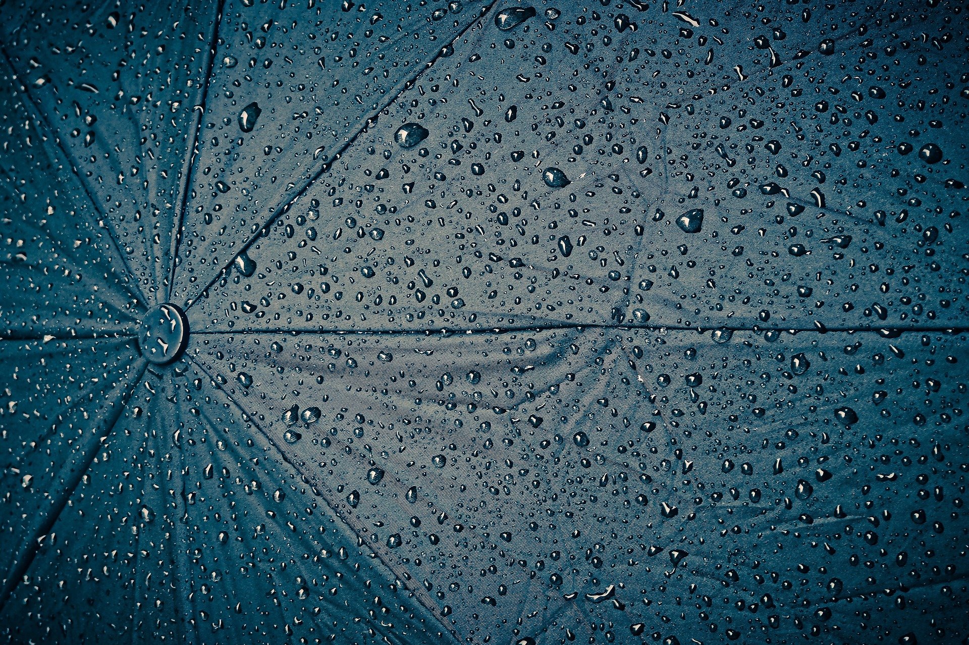 Regentropfen prasseln auf einen dunklen Regenschirm.