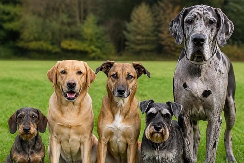 Fünf Hunde sitzen und stehen nebeneinander und schauen in die Kamera. Es sind verschiedene Rassen.