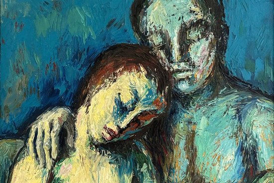 Zu sehen ist das Gemälde "Liebespaar" aus dem Jahr 1978, ein Mann hält eine Frau im Arm.