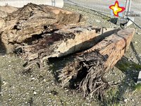 Mehrere massive und alte Holzpflöcke liegen gestapelt über- und nebeneinander.
