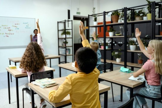 Mehrere Kinder in einer Schulklasse sind von hinten an ihren Tischen sitzend zu sehen, während eine Lehrerin vorn an der Tafel stehend unterrichtet.
