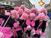 Diese Truppe ist als Pudeldamen verkleidet, mit rosa Perücken auf dem Kopf.