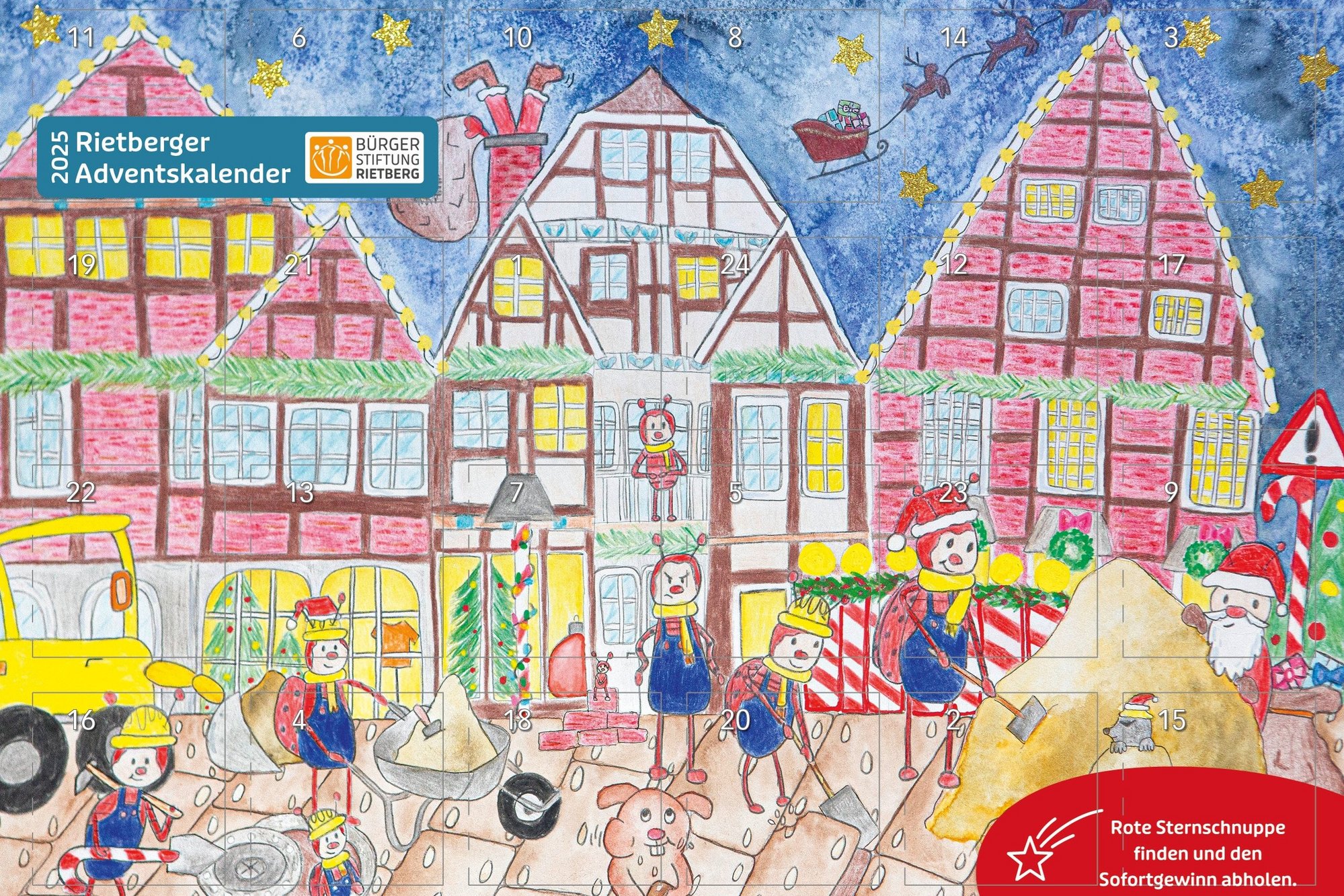 Ein buntes selbst gemaltes Bild zeigt Rieti-Käfer auf einer Baustelle vor einer Fachwerkkulisse. Dezent sind 24 Zahlen eines Adventskalenders darauf verteilt.