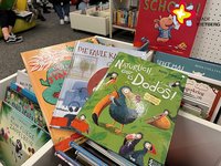 Mehrere bunte Kinderbücher liegen aufeinander gestapelt.