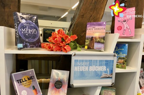 Mehrere Bücher sind dekorativ in einem Regal aufgestellt.