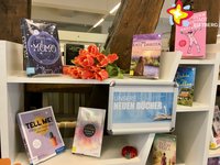 Mehrere Bücher sind dekorativ in einem Regal aufgestellt.