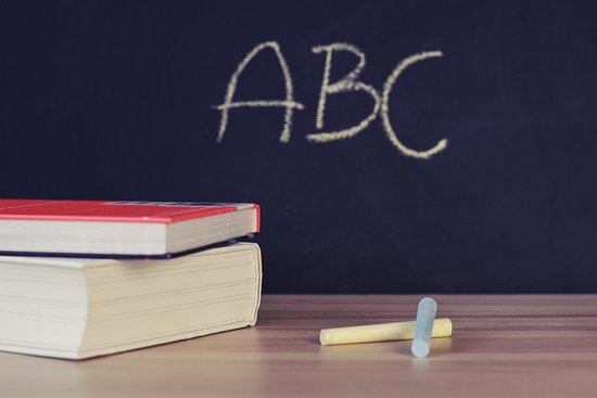 An einer Tafle stehen die großen Buchstaben "ABC", auf dem Tisch davor liegen zwei Bücher und zwei Stück Kreide.