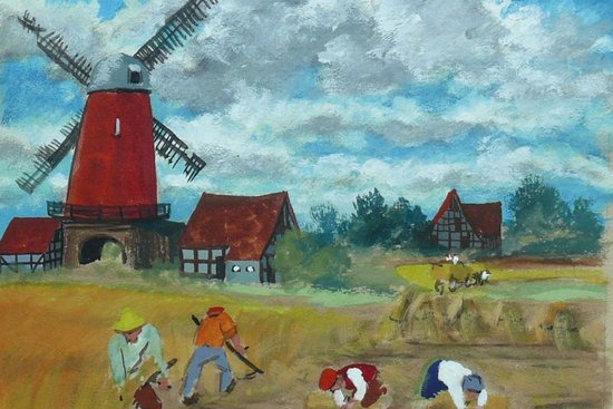 Zu sehen ist eine rote Windmühle im Hintergrund, vorne Arbeiter auf dem Feld.