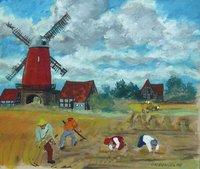 Zu sehen ist eine rote Windmühle im Hintergrund, vorne Arbeiter auf dem Feld.