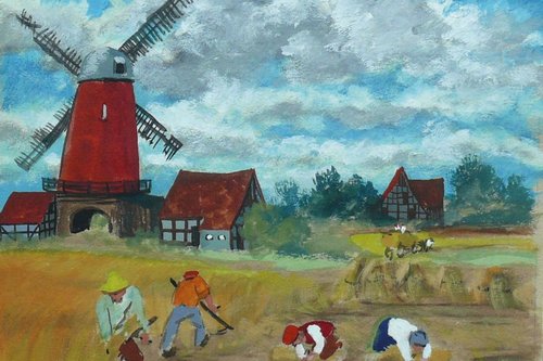 Zu sehen ist eine rote Windmühle im Hintergrund, vorne Arbeiter auf dem Feld.