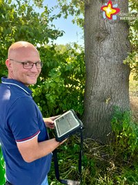 Baumkontrolleur Markus Hökenschnieder steht mit einem speziellen Tablet vor einer etwa 80 Jahre alten Stileiche.